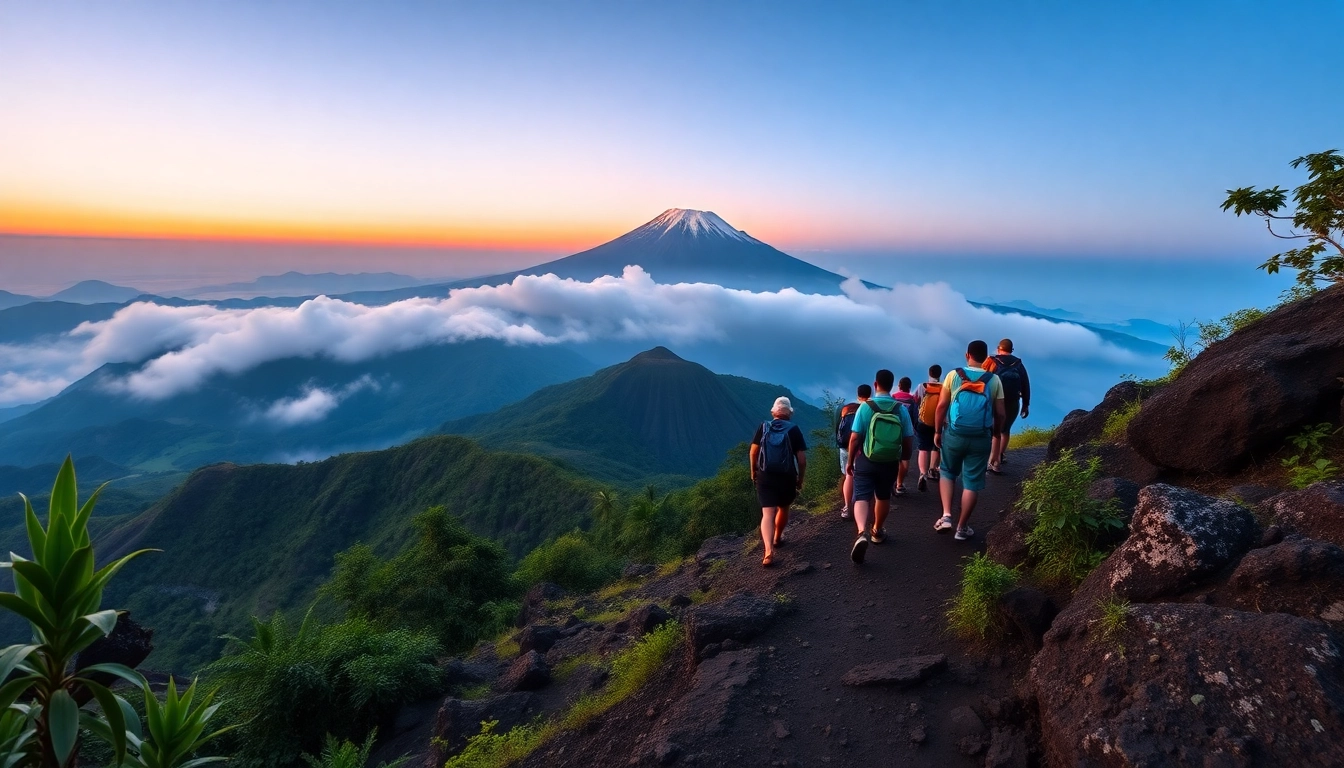 Hikers ascending Mt Rinjani at sunrise with scenic mountain landscape in the background.