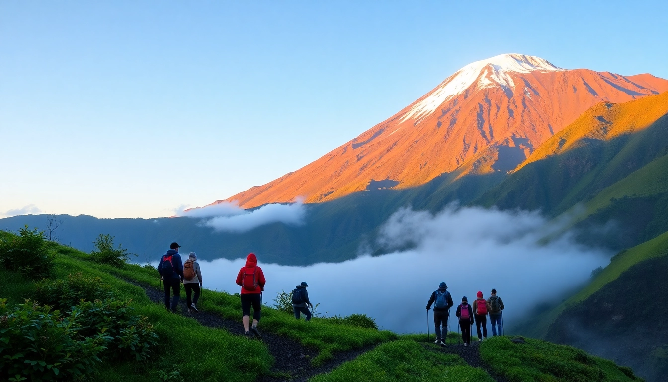 Hikers ascending Mount Rinjani at sunrise with mountain and lush landscape in the background.