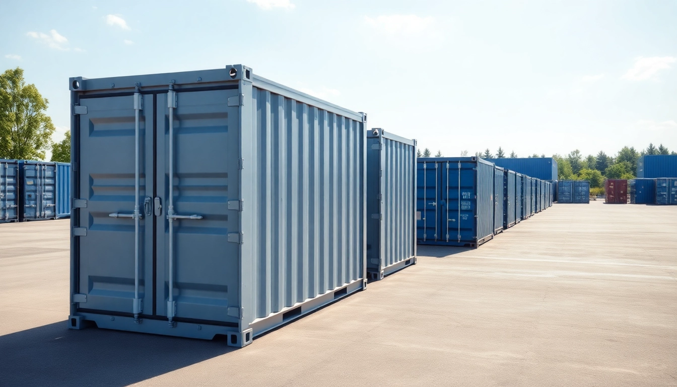 Container rental service showcasing secure, durable storage containers ready for deployment in a UK industrial yard, emphasizing accessibility and quality.