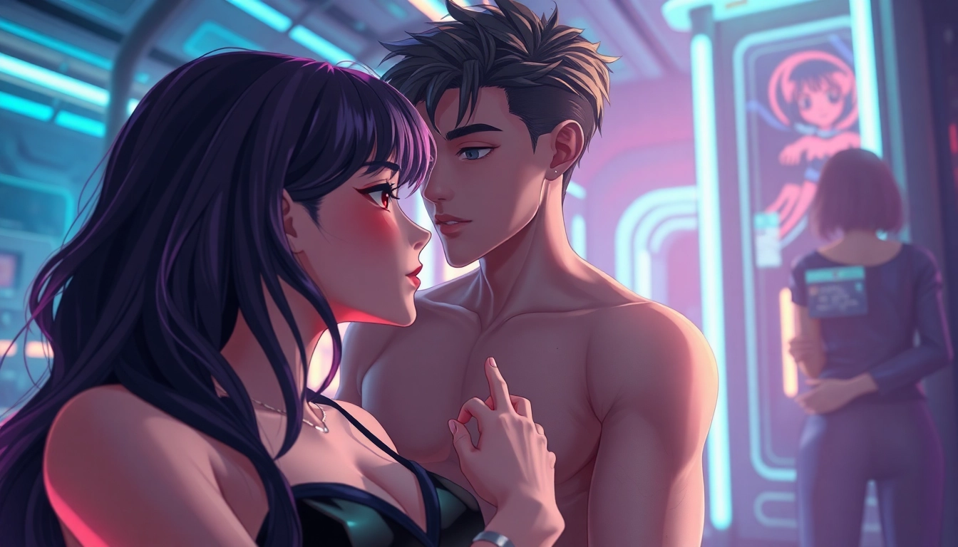 An advanced digital artwork of realistic and anime-style characters in a neon-lit virtual environment, emphasizing textures, lighting, and emotional ambiance.