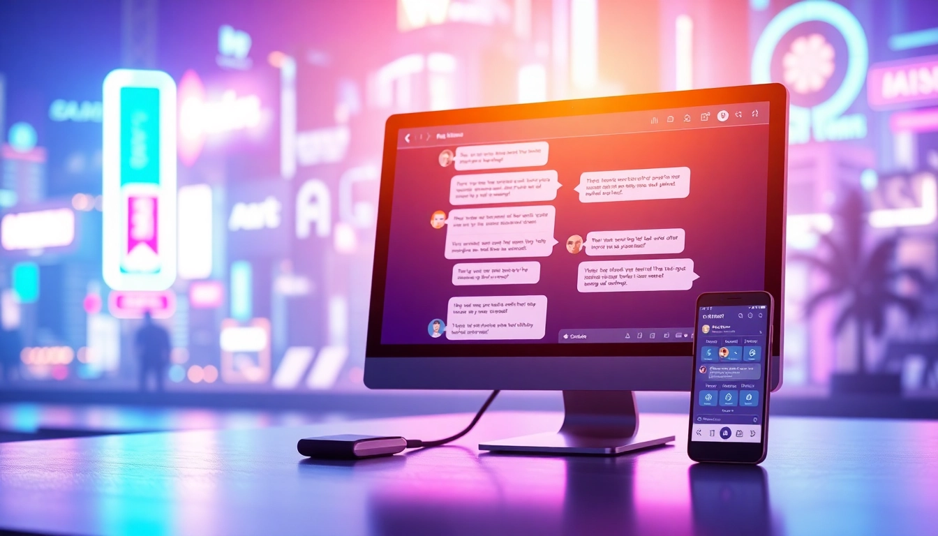 Digital illustration of chatbot interfaces on desktop and mobile devices with a neon city background, highlighting AI conversation bubbles and customization features.