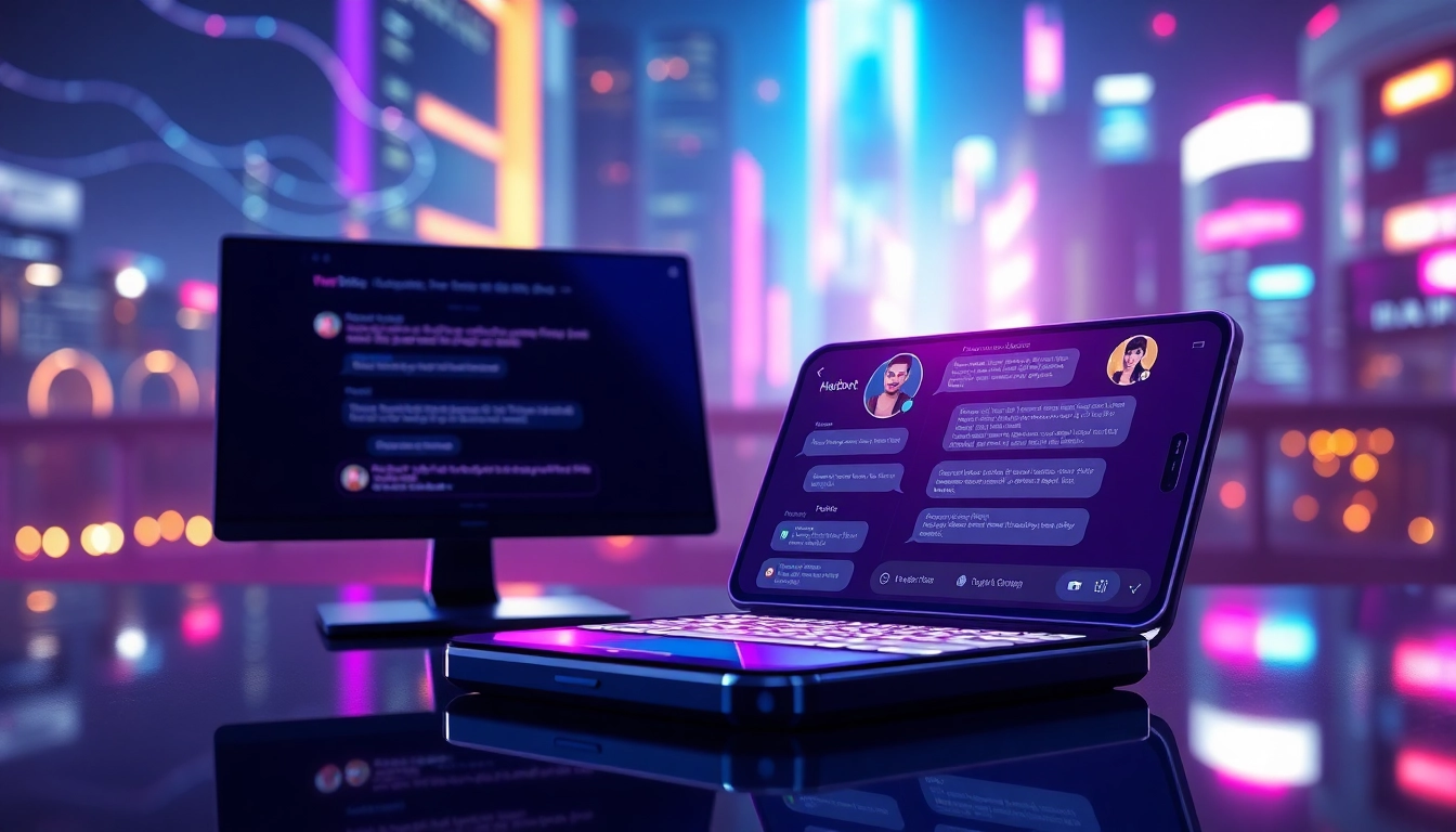 Futuristic AI chatbot interface on smartphones and desktop, glowing neon colors, digital city background, suggestive and high-tech atmosphere.