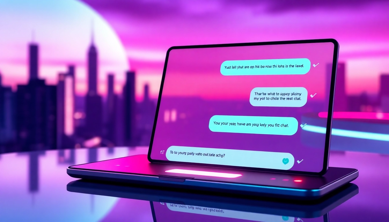 Futuristic digital chat interface on a device with a vibrant cityscape background, highlighting spicy AI conversations.