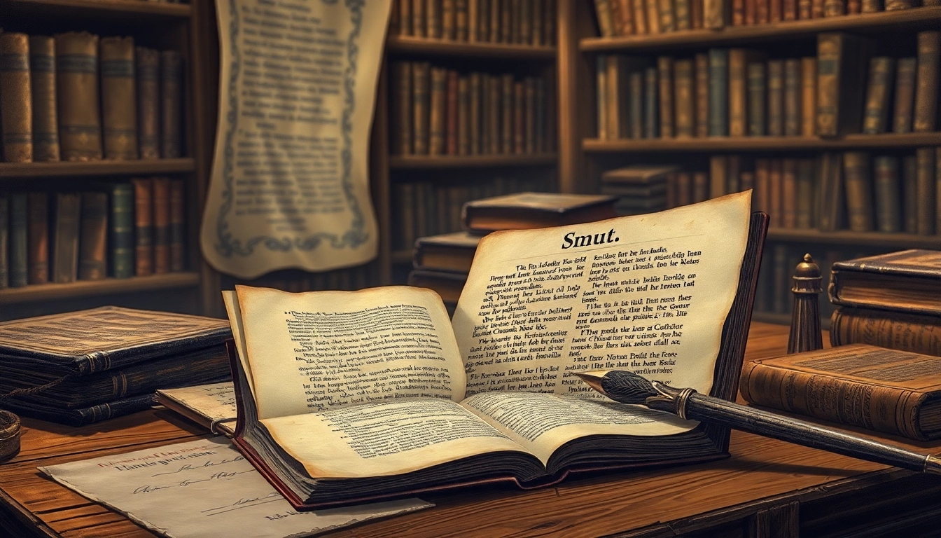 A vintage 17th-century study scene with old books, parchment, and writing tools, illuminated by warm sepia lighting.
