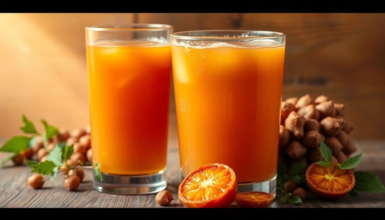 Tamarind Juice being poured into a glass with fresh tamarind pods and herbs on rustic background